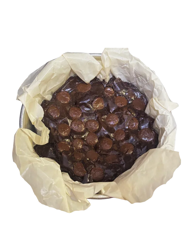 Gooey sourdough brownie topped with chocolate chips, baked in a parchment-lined round tin