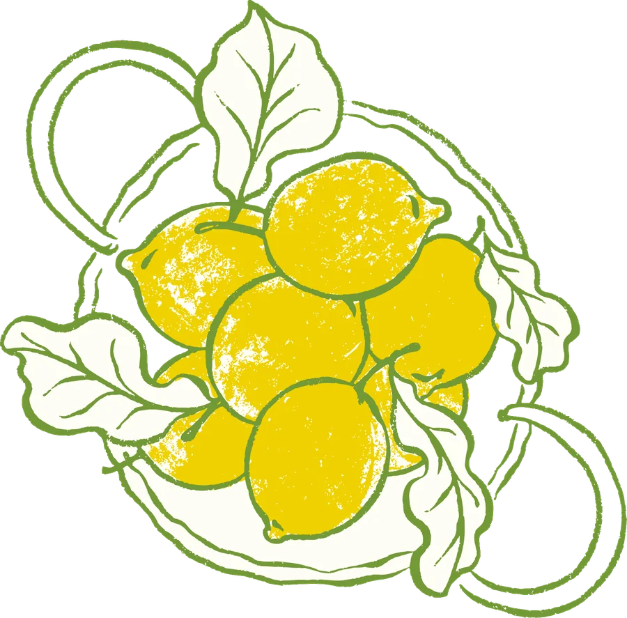 Illustration of a plate of lemons on a red checked tablecloth